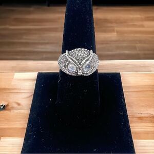 Owl Ring with Rainbow Moonstone Eyes .925 Solid Sterling Silver - Size 8.5